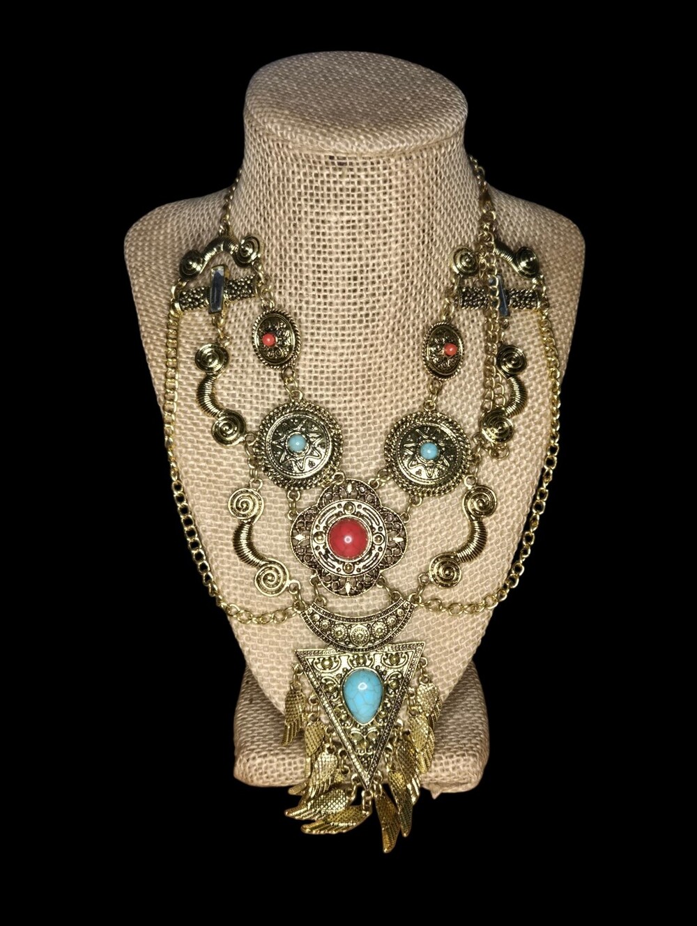 Boho Statement Choker Necklace Faux Turquoise Coral Fringe